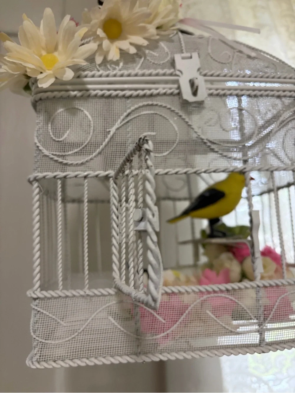 White Decorative Birdcage Accent with Floral and Yellow Bird